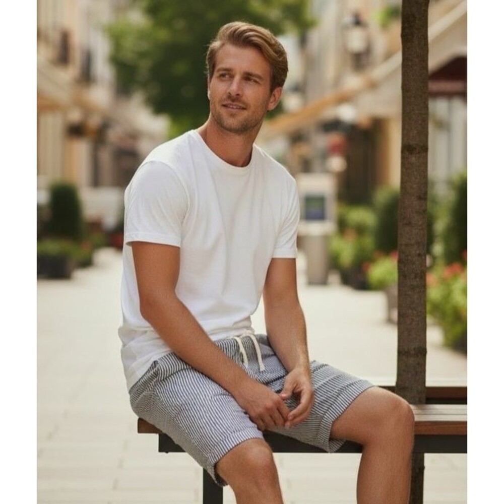 ALEX CRANE mens NEW blue striped 100% linen drawstring luxury shorts Small summe